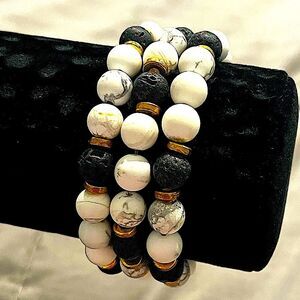 White Marble Howlite & Black Lava Handmade Beaded Bracelet